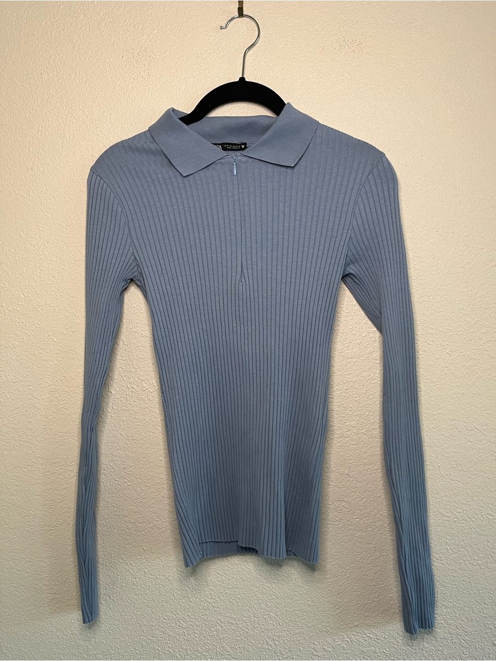 Zara Office Ribbed Polo Cotton Sweater in Dusty Blue 1/4 zip M